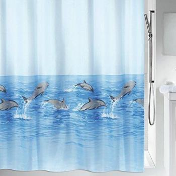 Cortina de ducha textil Spirella colección Nemo 180 x 200 cm, 100% poliéster, color azul con diseño de delfines
