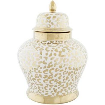 Tibor de porcelana DKD Home Decor en color dorado y blanco colonial, dimensiones 22 x 22 x 30 cm