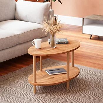 Mesa de Centro Ovalada Højreby con Estante, Aglomerado/Madera, 43 x 70 x 44 cm, Efecto Madera