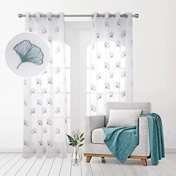 Deconovo Visillos para Ventanas Gasa Efecto Lino Cortina Transparente para Habitación Bebe Infantil 2 Paneles 140 x 280 cm Azul Verde
