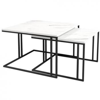 Conjunto mesa de centro Oswego 110, mármol blanco y negro, aglomerado laminado, angular, 50x76x76cm