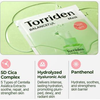 Torriden Balanceful Cica Mask Pack (25 x 10pcs) - Vegan, Contains 10 sheets per pack, Soothing and calming properties, Suitable for sensitive skin, Hydrating formula, Enriched with Cica (Centella As