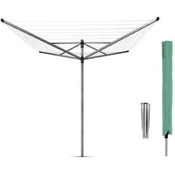 Brabantia - Lift-O-Matic - 50 Metres of Clothes Line - Adjustable in Height - UV-Resistant & Non-Slip Lining - Umbrella System - with Ground Spike 45 mm & Cover - Metallic Grey - ø 295 cm