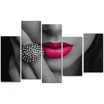 DekoArte 172 - Cuadros Modernos Impresión de Imagen Artística Digitalizada | Lienzo Decorativo Para Tu Salón o Dormitorio | Estilo Mujer Labios Color Blanco Negro fuxia Rosa | 5 Piezas 150 x 100 cm