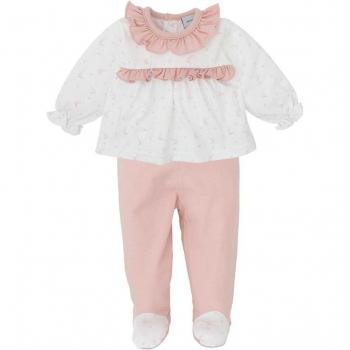 Conjunto de bebé niña en color arena con camiseta de volantes y polaina