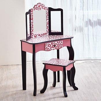 Teamson Kids - Fashion Leopard Prints Gisele Play Vanity Set - Pink/Black, Dimensions: 97.79cm H x 29.21cm W x 59.69cm D, Features: Wooden construction, 2-piece set,