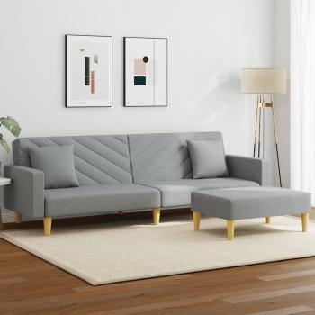 Sofá cama de 2 plazas con almohadas y reposapiés en tela gris claro