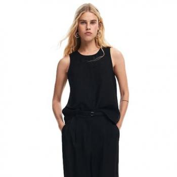 Desigual - Blusa de mujer sin mangas con bordado floral, color negro, talla M