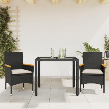 Set de comedor de jardín 3 piezas con cojines y mesa de vidrio en Polyrattan negro