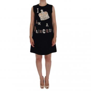 Dolce & Gabbana Black I AM A PRINCESS Crystal Shift Dress - IT42|M, Short Dresses, female, Black, Size: S Black Wool Crystal Princess Dress