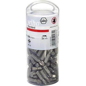 Juego de bits Standard Wiha de 25 mm Pozidriv (PZ2), 100 unid., 1/4 en envase grande (40462)