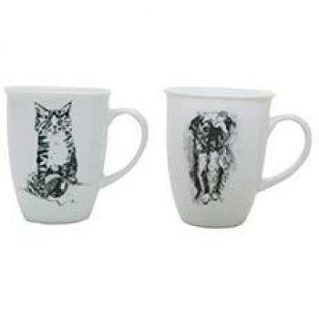 Juego de 4 blanco y negro diseño de 2 gatos de perros 2 tazas