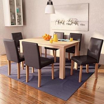 Sillas y mesa de comedor 7 piezas en cuero artificial marrón Roble Marrón