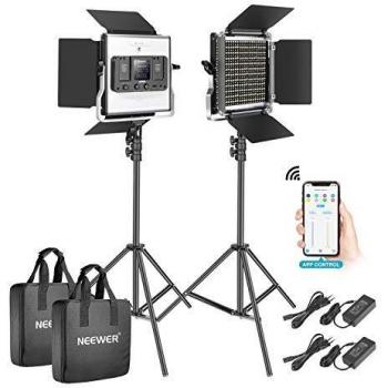 Neewer 2-Pack 528 LED Video Luz Metal Regulable Bi-Color 3200K-5600K Kit de Iluminación Fotografía con App Sistema Control Inteligente Pantalla LCD y Soporte Luz para Video Estudio