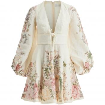 Zimmermann Women's Floral Print Linen Mini Dress in Beige | Size 1 | 9330DSS243CRF