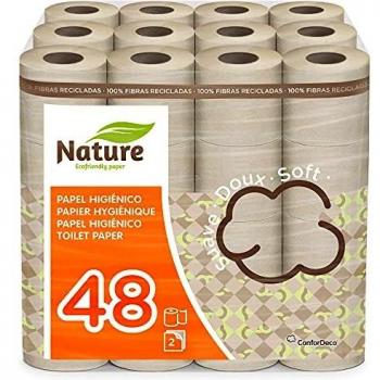 NATURE Papel higiénico doméstico, de celulosa nature: 48 rollos de 22,4 m. c/u; 1075,2 metros totales de papel de baño