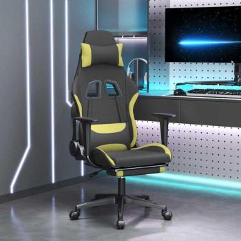 Silla Gaming de Masaje con Reposapiés en Tela Negra y Verde Claro