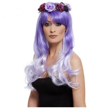 Peluca del Día de los Muertos Morada con flores