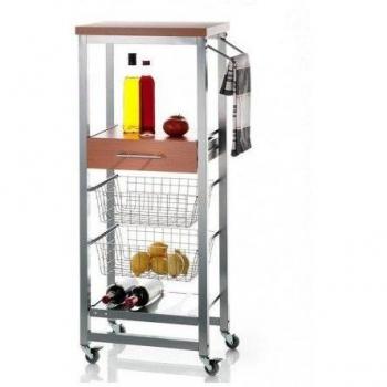Verdulero MICROONDAS, 3 cestas, cajón y botellero. En este modelo se combina el color del armazón en inox, el acero inoxidable y los tableros laminados en color madera de Cerezo.