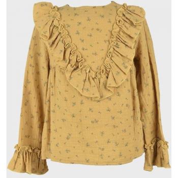 La Ormiga - Blusa de niña mostaza de algodón con detalles en volantes y manga larga