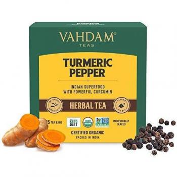VAHDAM, Té Cúrcuma Pimienta - 30 Bolsitas | Ingredientes 100% Naturales | Beneficios de CÚRCUMA ACTIVA + PIMIENTA + Cardamomo + Clavo | INFUSIÓN HERBAL DETOX Baja en Cafeína | Anti-Inflamatorio