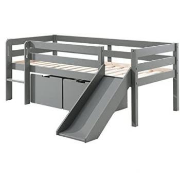 Cama de media altura Vipack Pino 90x200 cm con tobogán, somier y 2 cajones, color gris