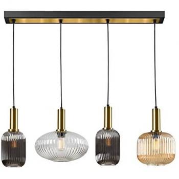 Lámpara Colgante Norma de 4 Luces en Negro y Latón con 3 Pantallas de Cristal E27