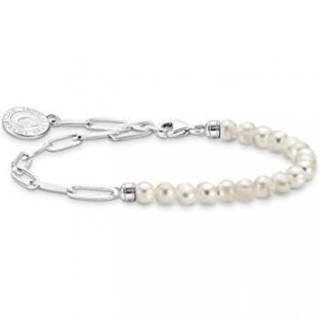 Thomas Sabo Charm Bracelet with White Freshwater Pearls and Silver Charmista Coin - Sterling Silver, Size 13 cm