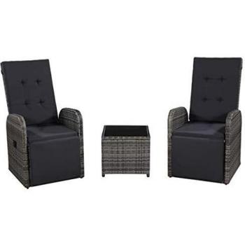 3-Piece Grey Poly Rattan Bistro Set with Cushions