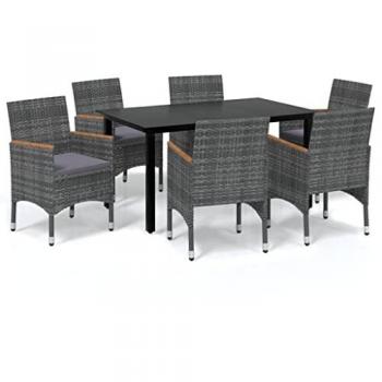 7-Piece Grey Poly Rattan Garden Dining Set with Cushions