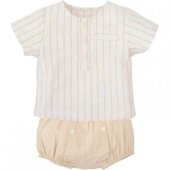 Conjunto de bebé niño a rayas con camisa y bloomer en tonos suaves