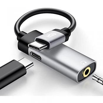 ESR Adaptador para Auriculares,USB-C a Jack 3.5mm y USB-C PD,Adaptador de Audio 2 en 1,USB-C a 3,5 mm con Carga Rápida,Compatible con Samsung Galaxy S22/S21/S20, iPad Air 5/4, iPad Pro 2021/2020. Gris