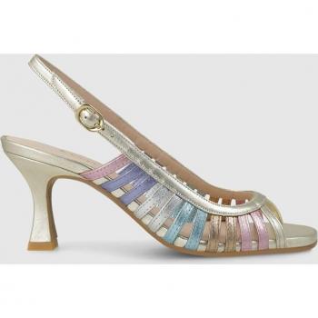 Lodi - Sandalias de tacón de mujer en piel metalizada dorada con tiras multicolor