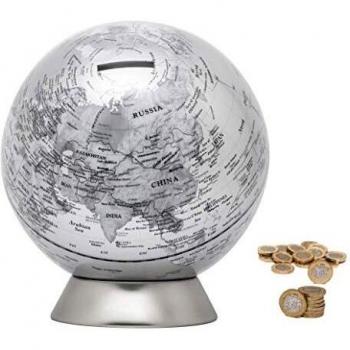 Exerz Huchas Globo Diámetro 16 CM/Caja De Dinero Alcancía, Aspecto Metal Apariencia Contemporáneo -Mapa de Ingles - Mapa Destacado Físico, Educativo, Decorativo. Escuela, Hogar - Plata