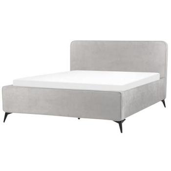 Cama de tela gris claro 160 x 200 cm con cabecero Wingback y patas de metal negras, estilo clásico minimalista Valognes