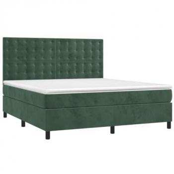 Cama Box Spring con Colchón y LED en Terciopelo Verde Oscuro 180x200cm
