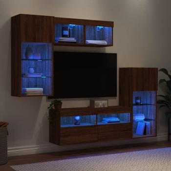 Mueble de TV de pared con LED 5 piezas en madera de ingeniería color marrón roble