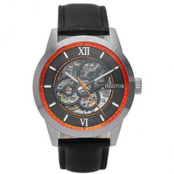 Heritor Automatic Skeleton Watch with Leather Band - Orange and Silver