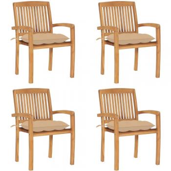 Stackable Teak Garden Chairs with Cushions - Set of 4