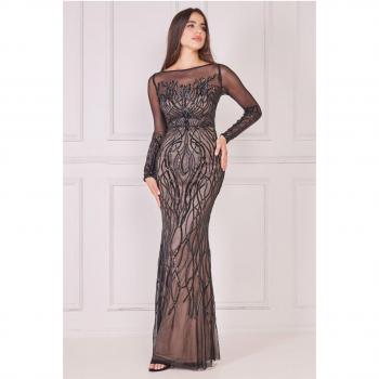 Goddiva Long Sleeve Sequin Flame Maxi Dress - Solid Black, Features: Long sleeves, sequin embellishments, maxi length, fitted silhouette