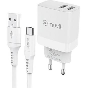 Muvit For Change Pack Cargador de Pared 2 USB 3,4A/18W + Cable Tipo C 3A/60W 1,2m Blanco