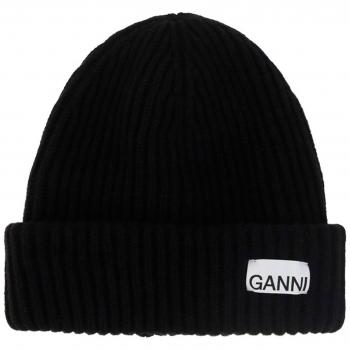 Ganni Women's One Size Black Oversized Ribbed Wool Beanie