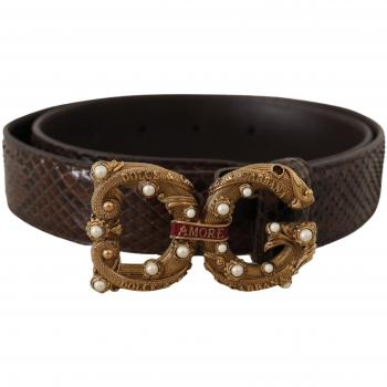 Dolce & Gabbana Brown Amore Animal Print Exotic Leather Logo Buckle Belt - 70 cm / 28 Inches, Python Leather, Female