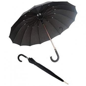 Paraguas para hombre, largo, automático, negro, sólido, 16 varillas de fibra – Antiviento