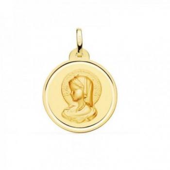 Medalla de la Virgen María en oro 18k para Primera Comunión con colgante de 20 mm y detalle bisel liso