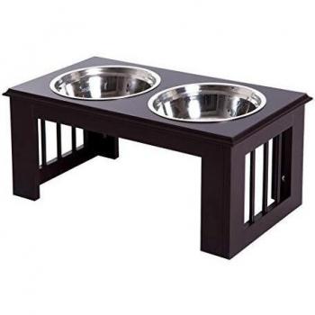 Pawhut Comedero Elevado para Perros con Soporte y 2 Cuencos Extraíbles de Acero Inoxidable Alimentador para Mascotas Alimento y Agua 58,4x30,5x25,4 cm Marrón