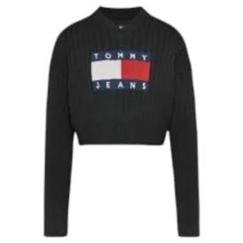 Tommy Jeans Women's Relaxed Fit Black V-Neck Center Flag Sweater