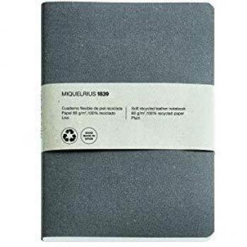 Miquelrius - Cuaderno 100% Reciclado, Cubierta Flexible de Piel Reciclada, Tamaño 152 x 210 mm, 200 Páginas Lisas de 80 g/m², color Antracita