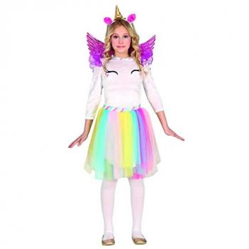 Disfraz Infantil de Unicornio Arco Iris Multicolor con Alas y Diadema para Niñas de 5-6 Años