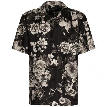 Dolce & Gabbana Men's Short Sleeve Black Floral Print Silk Shirt, Size XL, Grey, G5JH9TIS1VSHN5DY